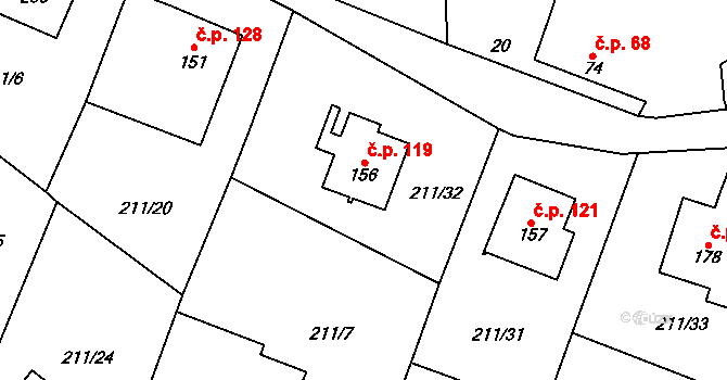 Bouzov 119 na parcele st. 156 v KÚ Bouzov, Katastrální mapa