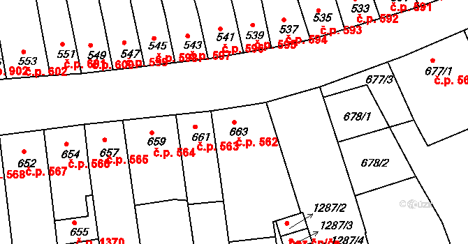 Roudnice nad Labem 562 na parcele st. 663 v KÚ Roudnice nad Labem, Katastrální mapa