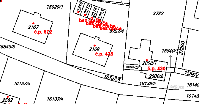 Hovězí 428 na parcele st. 2168 v KÚ Hovězí, Katastrální mapa