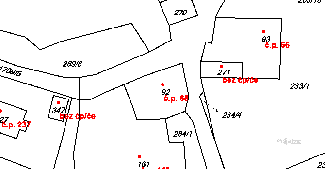 Lodhéřov 65 na parcele st. 92 v KÚ Lodhéřov, Katastrální mapa