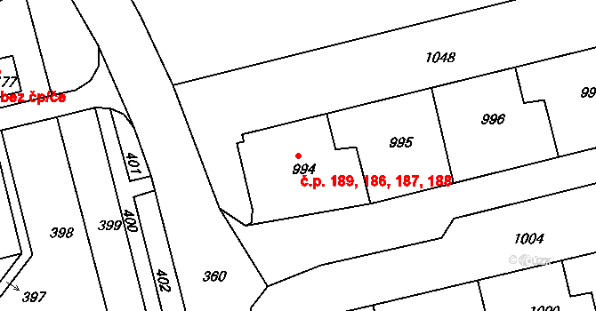 Chlumec 186,187,188,189 na parcele st. 994 v KÚ Chlumec u Chabařovic, Katastrální mapa