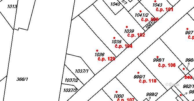 Novosedlice 129 na parcele st. 1036 v KÚ Novosedlice, Katastrální mapa