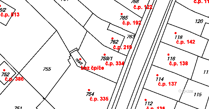 Soběšice 334, Brno na parcele st. 759/1 v KÚ Soběšice, Katastrální mapa