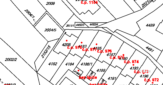 Komín 977, Brno na parcele st. 4183 v KÚ Komín, Katastrální mapa