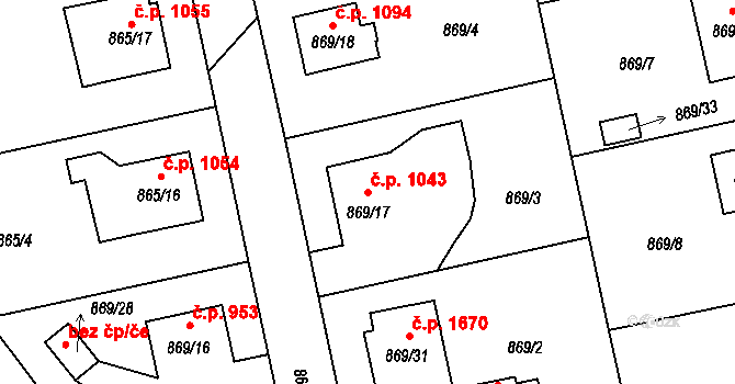 Pelhřimov 1043 na parcele st. 869/17 v KÚ Pelhřimov, Katastrální mapa