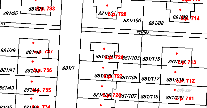 Čimice 726, Praha na parcele st. 881/104 v KÚ Čimice, Katastrální mapa