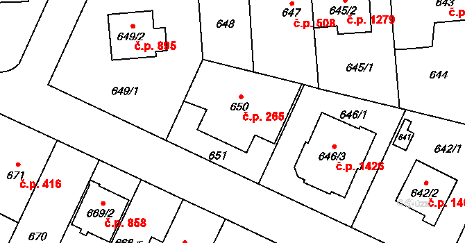 Kyje 265, Praha na parcele st. 650 v KÚ Kyje, Katastrální mapa