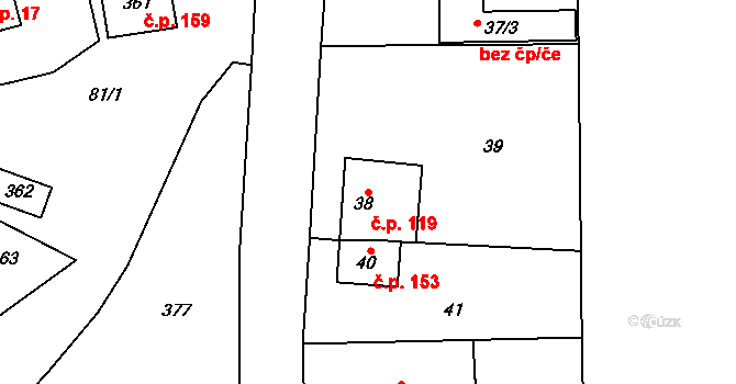 Lhota u Příbramě 119 na parcele st. 38 v KÚ Lhota u Příbramě, Katastrální mapa