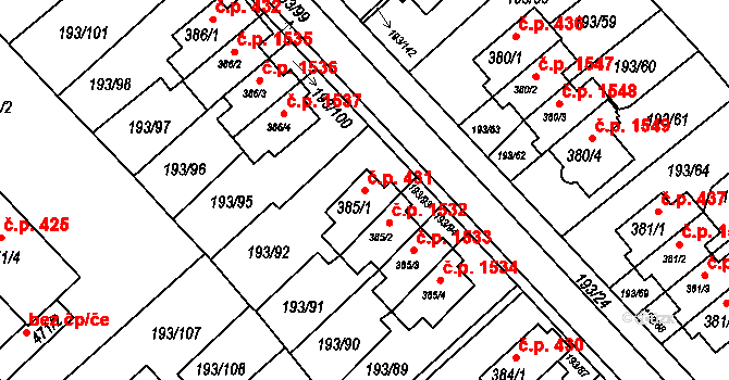 Sezimovo Ústí 431 na parcele st. 385/1 v KÚ Sezimovo Ústí, Katastrální mapa