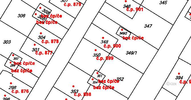 Jirkov 899 na parcele st. 350 v KÚ Jirkov, Katastrální mapa