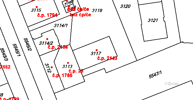 Východní Předměstí 2143, Plzeň na parcele st. 3117 v KÚ Plzeň, Katastrální mapa