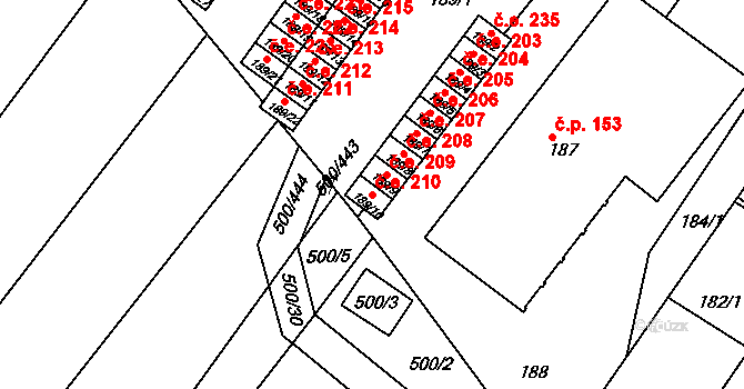Nebovidy 210 na parcele st. 189/10 v KÚ Nebovidy u Brna, Katastrální mapa