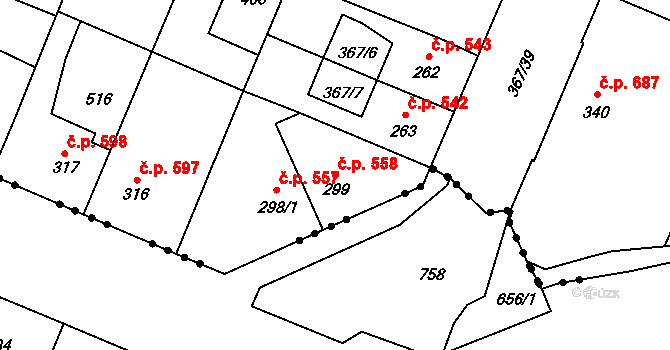 Kralupy nad Vltavou 558 na parcele st. 299 v KÚ Lobeč, Katastrální mapa