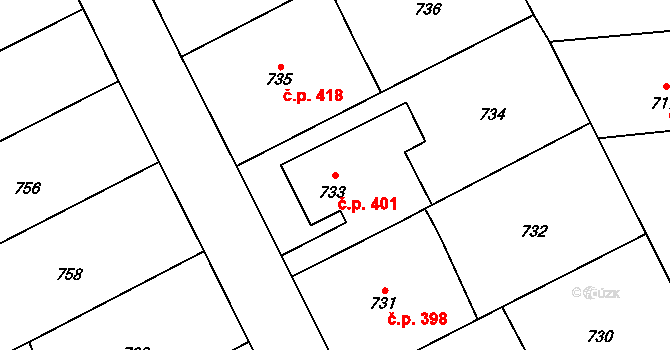 Rájec 401, Rájec-Jestřebí na parcele st. 733 v KÚ Rájec nad Svitavou, Katastrální mapa