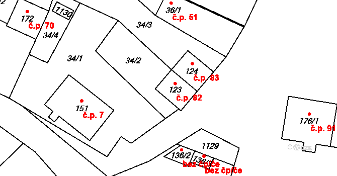 Chroboly 82 na parcele st. 123 v KÚ Chroboly, Katastrální mapa