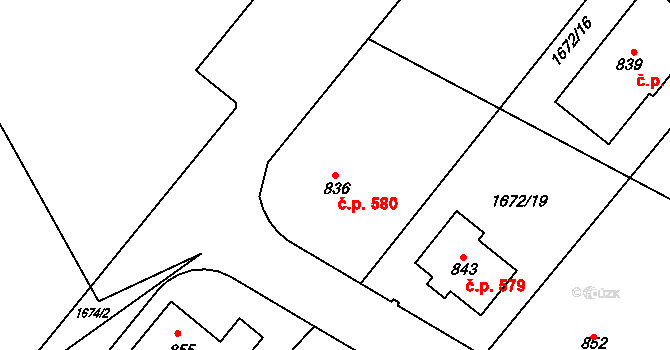 Křižanov 580 na parcele st. 836 v KÚ Křižanov, Katastrální mapa