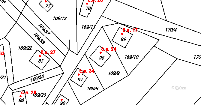 Pivonín 24, Zábřeh na parcele st. 98 v KÚ Pivonín, Katastrální mapa