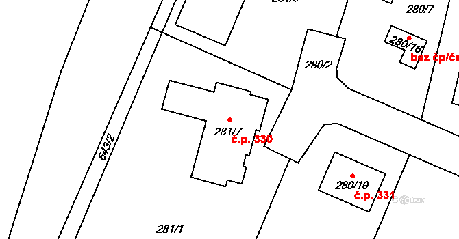 Bystřice 330, Dubí na parcele st. 281/7 v KÚ Dubí-Bystřice, Katastrální mapa