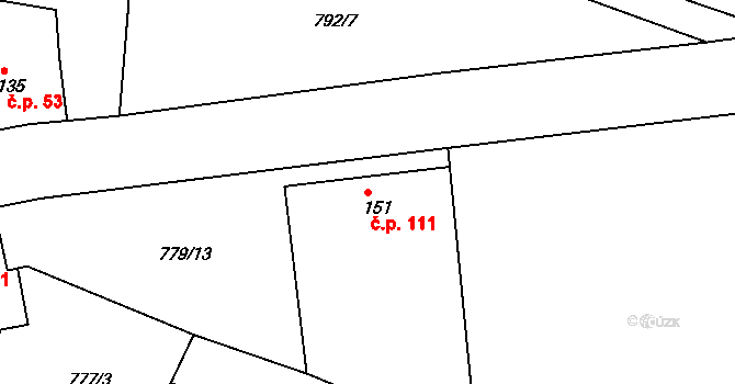 Horní Kounice 111 na parcele st. 151 v KÚ Horní Kounice, Katastrální mapa