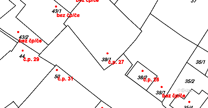 Těšetice 27 na parcele st. 39/1 v KÚ Těšetice u Znojma, Katastrální mapa