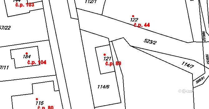 Chvalovice 89, Kovanice na parcele st. 121 v KÚ Chvalovice u Nymburka, Katastrální mapa