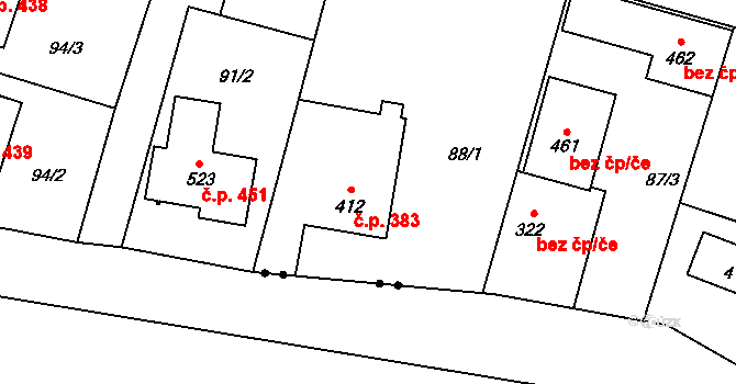 Rožďalovice 383 na parcele st. 412 v KÚ Rožďalovice, Katastrální mapa