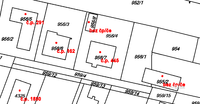 Čelákovice 445 na parcele st. 956/7 v KÚ Čelákovice, Katastrální mapa