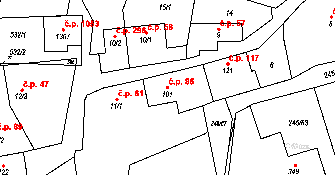 Horoměřice 85 na parcele st. 101 v KÚ Horoměřice, Katastrální mapa