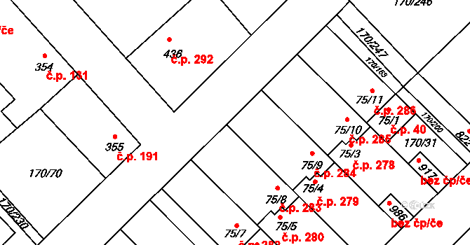 Brandýsek 284 na parcele st. 75/9 v KÚ Brandýsek, Katastrální mapa