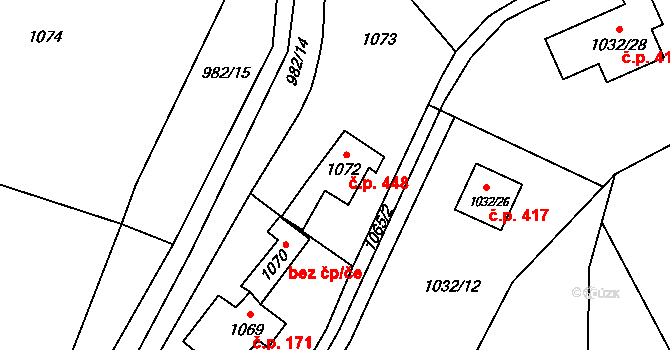 Lety 448 na parcele st. 1072 v KÚ Lety u Dobřichovic, Katastrální mapa