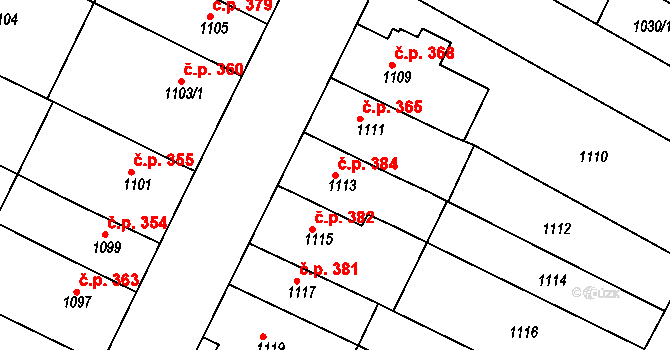 Hrušovany u Brna 384 na parcele st. 1113 v KÚ Hrušovany u Brna, Katastrální mapa