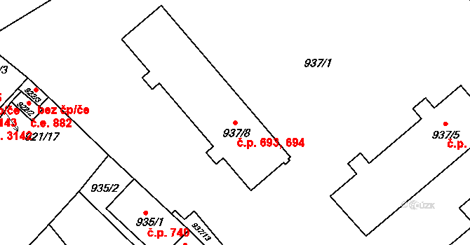 Vyškov-Předměstí 693,694, Vyškov na parcele st. 937/8 v KÚ Vyškov, Katastrální mapa