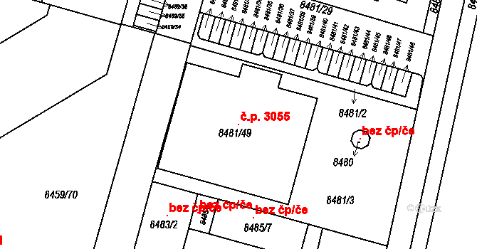 Jižní Předměstí 3055, Plzeň na parcele st. 8481/49 v KÚ Plzeň, Katastrální mapa