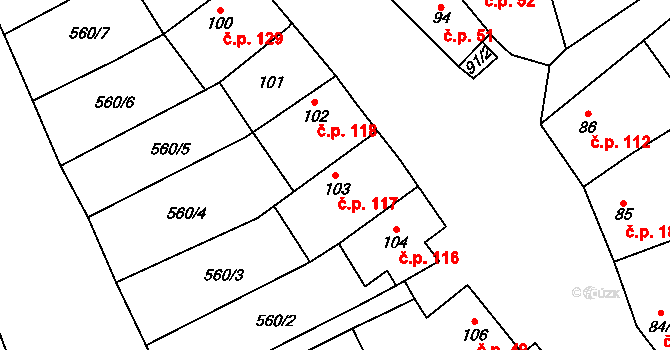 Cerhovice 117 na parcele st. 103 v KÚ Cerhovice, Katastrální mapa