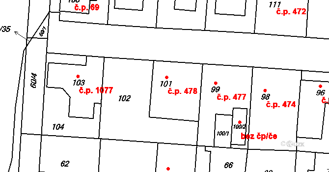 Kosmonosy 478 na parcele st. 101 v KÚ Kosmonosy, Katastrální mapa