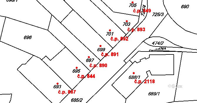 Tachov 891 na parcele st. 699 v KÚ Tachov, Katastrální mapa