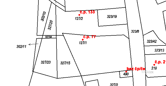 Obecnice 77 na parcele st. 127/1 v KÚ Obecnice, Katastrální mapa