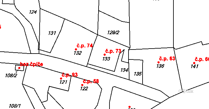 Chlumec 73 na parcele st. 133 v KÚ Chlumec u Chabařovic, Katastrální mapa