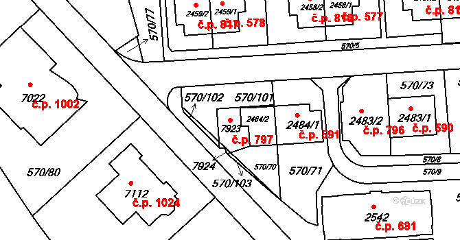 Borovina 797, Třebíč na parcele st. 2484/2 v KÚ Třebíč, Katastrální mapa