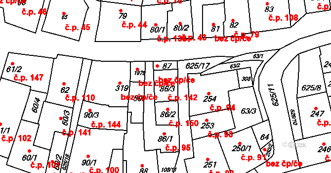 Zámostí 142, Třebíč na parcele st. 86/3 v KÚ Podklášteří, Katastrální mapa