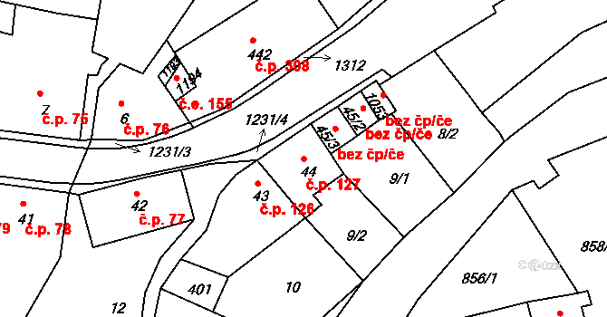 Benešov nad Ploučnicí 127 na parcele st. 44 v KÚ Benešov nad Ploučnicí, Katastrální mapa