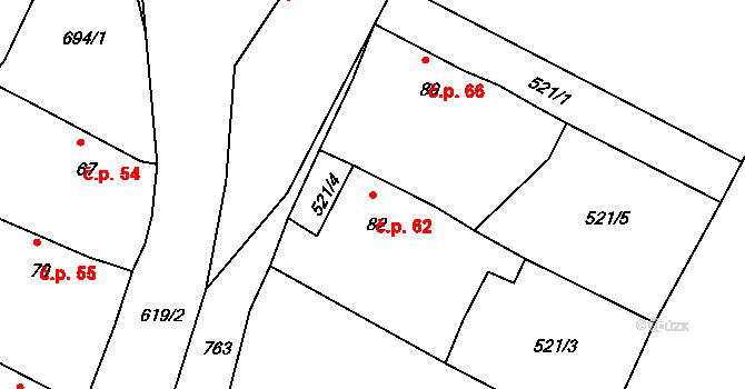 Hrušovany 62 na parcele st. 82 v KÚ Hrušovany u Chomutova, Katastrální mapa