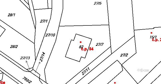 Habartice 54, Klatovy na parcele st. 82 v KÚ Habartice u Obytců, Katastrální mapa