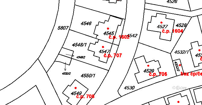 Záběhlice 707, Praha na parcele st. 4547 v KÚ Záběhlice, Katastrální mapa