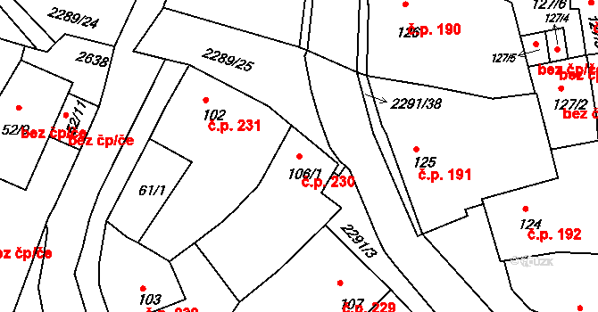 Rožmitál pod Třemšínem 230 na parcele st. 106/1 v KÚ Rožmitál pod Třemšínem, Katastrální mapa