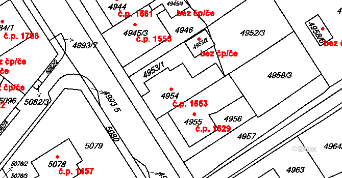 Chomutov 1553 na parcele st. 4954 v KÚ Chomutov I, Katastrální mapa