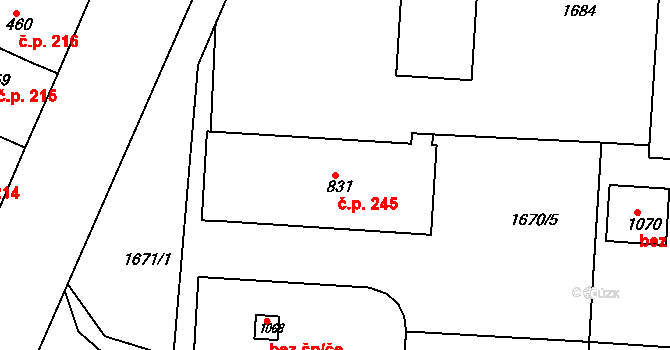 Plácky 245, Hradec Králové na parcele st. 831 v KÚ Plácky, Katastrální mapa
