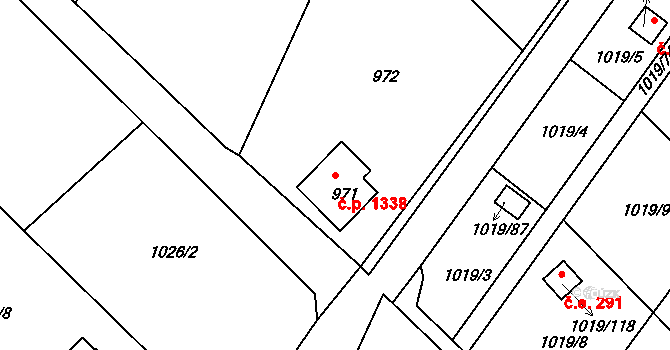 Rumburk 1 1338, Rumburk na parcele st. 971 v KÚ Rumburk, Katastrální mapa