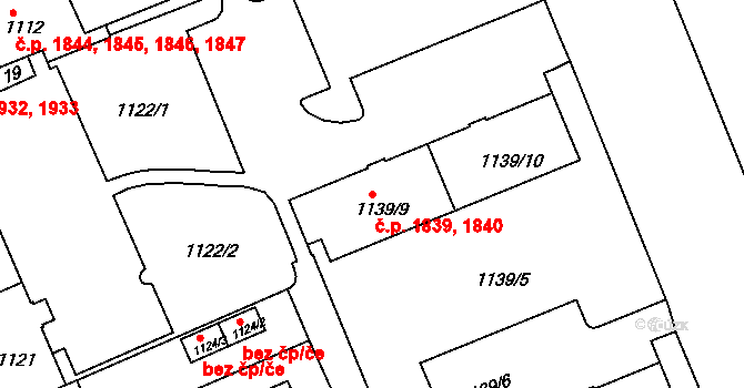 Východní Předměstí 1839,1840, Plzeň na parcele st. 1139/9 v KÚ Hradiště u Plzně, Katastrální mapa