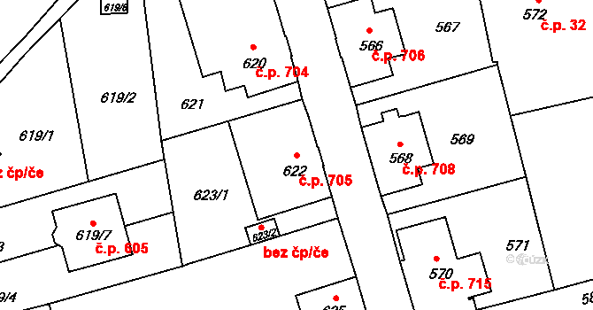 Šluknov 705 na parcele st. 622 v KÚ Šluknov, Katastrální mapa